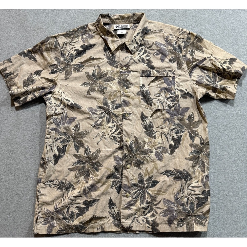 Columbia Shirt Mens Extra Large XL Tropical Fishing Short Sleeve Button Up Tan